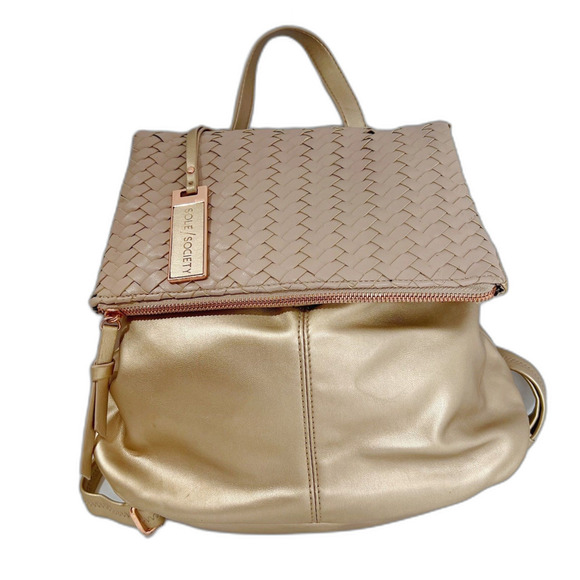 Sole Society Handbags - Sole Society Gold Faux Leather Foldover Backpack Bag
